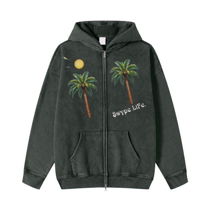 $L. Palm Sun Streetwear Acid Washed Zip Fleece  Hoodie Jacket - 360 GMS